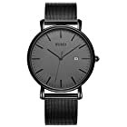 BUREI Men’s Fashion Minimalist Wrist Watch Analog Deep Gray Date with Black Milanese Mesh Band