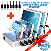 6 USB Charging Station For Multiple Devices – FAST Multiple Usb Charger Multi Port Hub – NO BUZZ Nightstand Charging Station Organizer Dock – Smart Cell Phone Docking Station LED iPhone Charger Stand